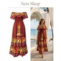 ราคา ชุดเดรสโบฮีเมียน ชุดเดรสพิมพ์ลาย ชุดเดรสยาว สีแดงก่ำ แขนกุด เปิดไหล่ ผ้าโพลีเอสเตอร์ ความยาวชุด 49 (29218395347)