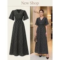 ราคา ชุดเดรสยาว สีดำ แขนสั้น คอวี ผ้าโพลีเอสเตอร์ ความยาวชุด 56 (28011477131)