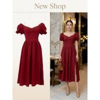 ราคา ชุดเดรสยาว สีเลือดหมู แขนสั้น คอกว้าง ความยาวชุด 43 (27804499099)