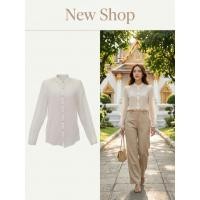 ราคา เสื้อเบลาส์ เสื้อเชิ้ต เสื้อเบลาส์ระบาย สีขาวนวล แขนยาว คอจีน ผ้าชีฟอง ความยาวเสื้อ 26 (26625496140)