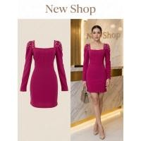 ราคา ชุดเดรสสั้น สีบานเย็น แขนยาว คอสี่เหลี่ยม ความยาวชุด 34 (24529325330)
