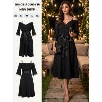 ราคา ชุดเดรสยาว แขนสามส่วน คอวีเปิดไหล่แต่งลูกไม้สีดำ มีสายผูกเอว ซับในทั้งตัว ซิปซ่อนด้านหลัง ความยาว42นิ้ว (24298447736)