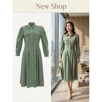 ราคา ชุดเดรสเชิ้ต คอปก แขนยาว เอวเข้ารูป กระดุมหน้า สีเขียว (53906523895)