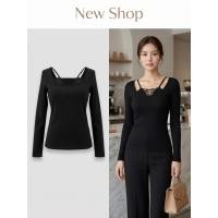 ราคา เสื้อแขนยาวสีดำ คอเหลี่ยม ดีไซน์สายซ้อน สีดำ ผ้าโพลีเอสเตอร์ (57253272173)