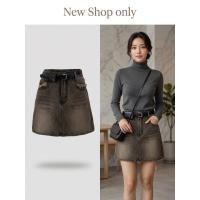 ราคา กระโปรงยีนส์ สีดำฟอกเทา ทรงเอเอวสูง พร้อมเข็มขัดในชุด (44178924354)