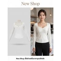 ราคา เสื้อแฟชั่นคอเหลี่ยม ดีเทลจับจีบ สีขาว ผ้าโพลีเอสเตอร์ผสม (43671846815)
