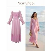 ราคา ชุดเดรสยาว สีชมพู คอสี่เหลี่ยม แขนยาว ซิปซ่อนด้านหลัง ซับในทั้งตัว ผ้าชีฟอง ความยาวชุด 54 (29063838592)