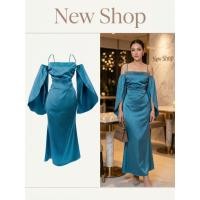 ราคา ชุดเดรสซาตินเปิดไหล่ ทรงแขนระบาย สีฟ้าน้ำทะเล ผ้าซาติน (42269211673)