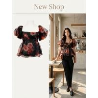 ราคา เสื้อผ้าผู้หญิง เสื้อลายดอก สีดำ คอกว้าง แขนพอง ผ้าใยไหมแก้ว ความยาวเสื้อ 14 (24145133990)