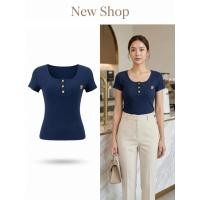 ราคา เสื้อยืดผู้หญิง สีกรมท่า แขนสั้น คอกลม กระดุมหน้า (56704386315)