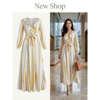 ราคา ชุดเดรสยาวพิมพ์ลาย สีขาว แขนยาว คอวีไขว้แต่งจีบระบาย มีสายรัดปรับสัดส่วน ผ้าคอนตอน ความยาวชุด65 (28856868822)