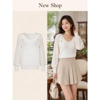 ราคา เสื้อแขนยาว คอวี ไหมพรมร่องแขนชีฟอง สีขาว กระดุมทอง แขนชีฟอง ความยาวเสื้อ 24 นิ้ว (27095485446)