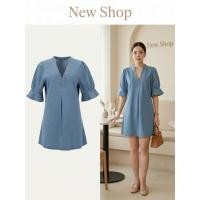 ราคา เสื้อยีนส์ สียีนส์อ่อน แขนตุ๊กตา คอวี ผ้ายีนส์ ความยาวเสื้อ 28 (26836864434)