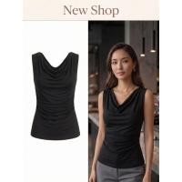 ราคา เสื้อยืด คอถ่วง แขนกุด ดีเทลย่นข้าง เข้ารูป สีดำ ความยาวชุด 21 นิ้ว (41632585504)