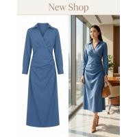 ราคา ชุดเดรสยาว ชุดออกงาน สีน้ำเงิน ซิปซ่อนข้างลำตัว แขนยาว คอปก ผ้าลินิน ความยาวชุด 50 (26570542244)