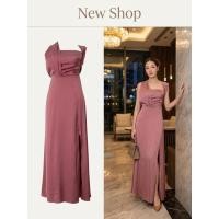 ราคา ชุดเดรสยาว ชุดราตรี สีม่วงอมชมพู เปิดไหล่ ผ้าซาติน ความยาวชุด 55 (26284761876)