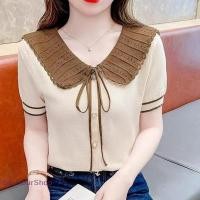 ราคา ฤดูร้อนเกาหลีหวานโบว์ผูกนัวเนียตุ๊กตาคอปกแขนสั้นอเนกประสงค์เสื้อถักสําหรับผู้หญิง (46516149966)