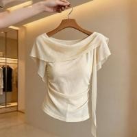 ราคา สินค้าใหม่ เสื้อเชิ้ตแขนสั้นไหล่เดียวสีเหลืองของฝรั่งเศสขี้เกียจร้อยทาวเวอร์ครีมสีเหลืองฤดูร้อนดีไซน์ลดอายุด้านบน (56815473838)