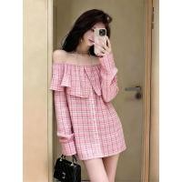 ราคา โปรโมชั่นจํากัดเวลา 2026 Spring Summer Vacation Style เสื้อเชิ้ตลายสก๊อตสีชมพูไหล่เดียวแขนยาว Ruffled Slimmer Look Age Reduction Cl (52617004270)