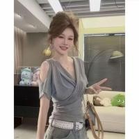 ราคา ลดราคาจํากัดเวลา American Design Hot Girl Cross Strapless Short Sleeved Summer T Shirt New Style Chic Irregular Slim Fit Top (45566853915)