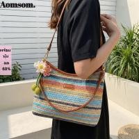 ราคา ออมซ กระเป๋าโท้ทผ้าทอลายทางสีรุ้ง สายรัดปรับได้ซิปปิดกระเป๋าสะพายทอ สีรุ้งความจุขนาดใหญ่กระเป๋าสะพายข้างผู้หญิงแฟชั่น (55867158981)