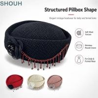 ราคา SHOUH หมวกไม่มีปีก หมวก Pillbox ทรงกลมแข็ง มงกุฎโครงสร้างด้วยดอกไม้สไตล์วินเทจจิตรกรหมวกทุกวันชุด (52014584805)