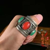 ราคา แหวนนิ้วหัวแม่มือเงินทิเบต ช่างเงินเก่าฝังทับทิมและมรกต แหวนสไตล์ สไตล์ประจําชาติย้อนยุค (47567718324)