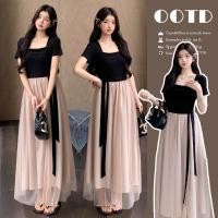 ราคา ชุดคลุมท้องฤดูร้อนเย็บตาข่ายยาวคอสี่เหลี่ยมแขนสั้นชุด (56015303204)