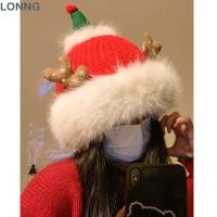 ราคา LONNG หมวกไหมพรมถัก หมวกคริสต์มาสตุ๊กตาเขากวางสีแดง ของขวัญขนแกะเรียงรายหมวกฤดูหนาวกันลมอบอุ่นสําหรับผู้หญิง (51517657989)