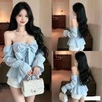 ราคา จํากัดเวลา Seckill One word Strapless Bowknot Blue Striped Shirt แขนทรัมเป็ตเสื้อดีไซน์ดูดี (46217776206)