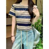 ราคา เสื้อยืดแขนสั้นปักลาย Bi+ เสื้อผ้าผู้หญิง เทรนด์ฤดูร้อน ลายทาง ไหล่ปกติ ทรงสลิมฟิต เสื้อคอกลมสั้น ปักลาย เสื้อ ผ้า สาว อวบ มือ สอง งาน จัดเซต လင်း လက် ကြယ် เสื้อ มี พัด (1731254954133456627)