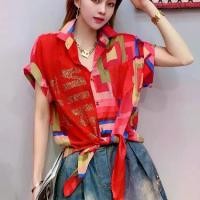 ราคา เสื้อชีฟองแขนสั้น, คุณภาพระดับไฮเอนด์, สำหรับผู้หญิง, ชุดฤดูร้อน, เสื้อเชิ้ตพิมพ์ลายใหม่, ขนาดเล็ก, แฟชั่น, ซ่อนไขมัน, เสื้อหลวม, เสื้อซีทรู, เหมาะสำหรับสาวอ้วนและคนอ้วน, เสื้อสีเหลือง (17304988967150