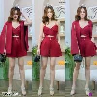 ราคา Garden Clothes ชุดเซ็ท SET 3 ชิ้น #สาวอวบ เซทสูท เสื้อคลุมผ่าแขน กับสายเดี่ยว + กางเกงขาสั้น .. สีแดงเลือดหมู (1732225631859149503)