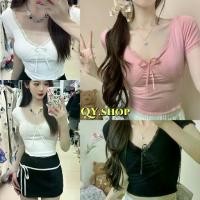 ราคา QY.Shop⭐️สินค้าราคาพิเศษ⭐️เสื้อไหมพรมแขนสั้น คอวี ผ้านิ่มสีพาสเทล น่ารัก "ZL03" (1731794762958014359)