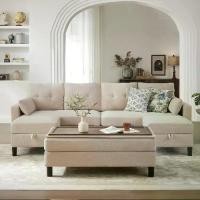 ราคา โซฟาเอนกประสงค์เปิดประทุน 101 นิ้ว พร้อมโต๊ะกาแฟ Ottoman โซฟารูปตัวยูผ้าลินินทันสมัย มีกระเป๋าหิ้ว โซฟา 4 ที่นั่ง C (1731719909180344084)