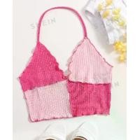 ราคา พร้อมส่งจากไทย ครอป เสื้อคล้องคอ ท็อป สีชมพู บล็อคสี ผ้าร่อง ผ้าไหมพรม เสื้อ กล้าม คอ ลึก (1730439514333219107)