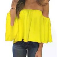 ราคา เสื้อผ้าผู้หญิง สไตล์ยุโรปและอเมริกา เสื้อคอปาด แขนยาว ผ้าชีฟอง เสื้อเซ็กซี่ ทรงหลวม เสื้อยืดครอป เป็นที่นิยม สไตล์ปาดไหล่ (1730431662101596982)