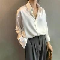 ราคา เสื้อเชิ้ตผู้หญิง สไตล์เกาหลี เสื้อเชิ้ตผ้าซาติน แขนยาว คอตั้ง Clothing Women (1731323029540473589)