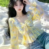 ราคา เสื้อเชิ้ตผู้หญิง เสื้อเชิ้ตพิมพ์ลายสีเหลืองใหม่ อ่อนโยนและหวาน (1731250862388118797)