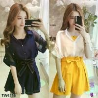 ราคา เสื้อเชิ้ตคลุมผ้าชีฟอง +เสื้อสายเดี่ยว สีพื้นผ้าซาร่า + กางเกงขาสั้น ผ้าซาร่า ดีเทลกางเกงแต่งจีบทวิสหน้า-หลัง (1729757867429301132)