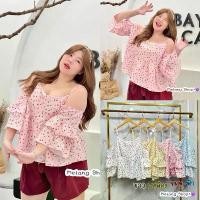 ราคา เสื้อสายเดี่ยว ต่อแขน เว้าไหล่ แขนแต่งระบายน่ารักมาก ลายดอก plussize สาวอวบ แนะนำ (1731668805549458725)