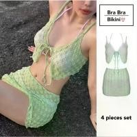 ราคา COD ชุดว่ายน้ำผู้หญิง บิกินี่เซ็ท 4 ชิ้น สีทูโทน ทูพีชสีม่วงพาสเทล เสื้อคลุมและกระโปรงคลุมบิกินี่สีเขียว (1731724153899681516)