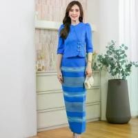 ราคา พร้อมส่ง สีฟ้า ผ้าฝ้ายแท้ ทอลาย อัดกาวทั้งชุด ผ้าถุงตัดสำเร็จ ซิปข้าง เสื้อกระดุมหน้า ถอดได้จริง ผ้าถุง สี (1729812777132526350)
