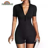 ราคา จั๊มสูทผู้หญิง สไตล์ลำลอง แขนสั้น คอวี ซิป บอดี้คอน สีพื้น รัดรูป กางเกงขาสั้น บอดี้สูท (1732224326248598435)