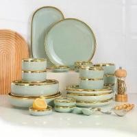 ราคา [COD] HOME818 ชุดจานชามเซรามิค ชุดจานชาม จาน ชาม ถ้วย ช้อน สไตล์ยุโรป หรูหราเซรามิคสีเขียว(APPLE)ขอบทอง 9ชิ้น/ชุด (1731824416178275360)