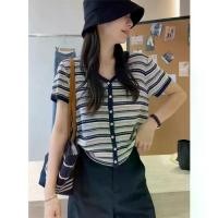ราคา French Style Blue Striped V-Neck Knitted Cardigan Short Sleeve T-Shirt for Women Summer Chic Short Design Linen Top (1732005659860961037)