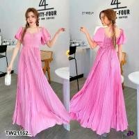 ราคา Garden Clothes ชุดเดรส เดรสยาวแขนพอง สายผูกคอ กระโปรงอัดพลีท ..TW18361 สีชมพู (1732218710193310399)