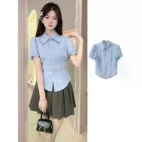 ราคา Women's Blue Slim-Fit Short-Sleeve Shirt with Ruffled Sleeves - 2025 Summer New Style, Korean Version, Office & Campus Style Top (1732074859773659077)