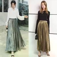ราคา possibl Luxe Pleated Metallic Maxi Party Skirt กระโปรงอัดพลีทจีบคม สีทอง สีเงิน ขายร้อน (1732315900571453799)