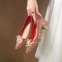 ราคา Hot Sell Red Wedding Shoes Two sets of slip-on wedding shoes Thick-heeled French-style shoes decorated with crystals Single-heeled shoes for women (1732120199190906377)